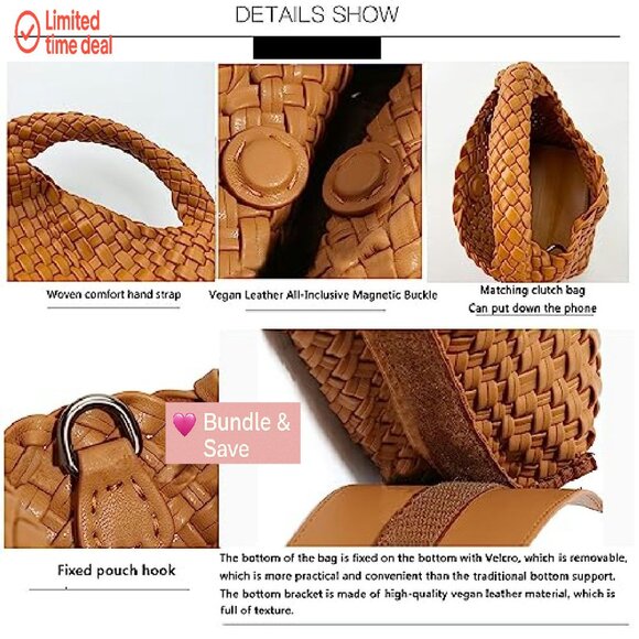 Mini Woven Vegan Leather Tote Bag, Crossbody Shoulder Purse with Zipper Pocket - Picture 7 of 8